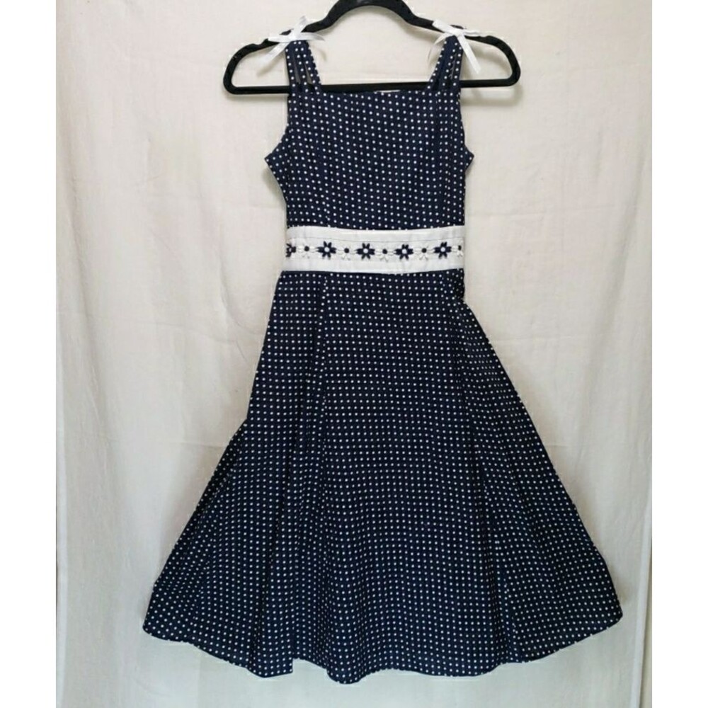 Rare Editions Girls Size 14 Navy Blue Polka Dot Dress Eyelet Trim Tie Back Flare